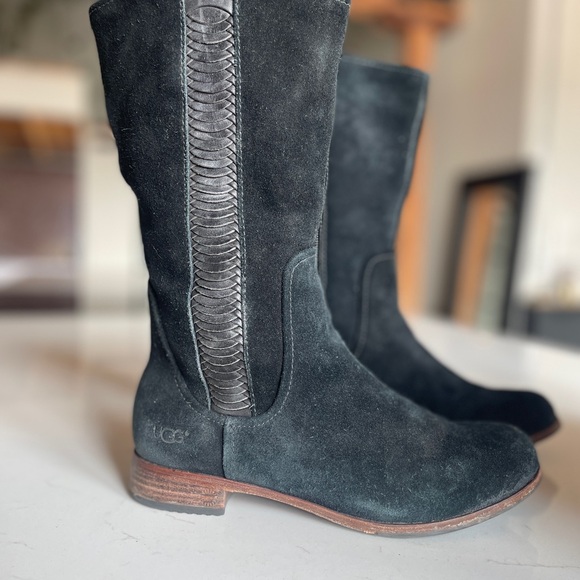 UGG Shoes - UGG Australia Annisa Mid Calf Suede Leather Boot, Black, 6.5 Cowboy Low Heel